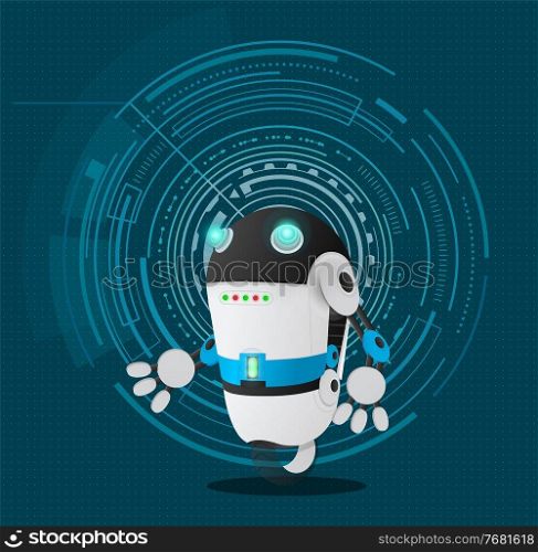 Funny futuristic robot at abstract circles, lines background. Artificial intelligence, innovative model, with big l&s eyes. Realistic robot at wheel. Working android, cybernetic, electronic creature. Funny futuristic robot with l&s eyes at wheel, working android, cybernetic science creature