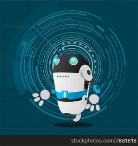 Funny futuristic robot at abstract circles, lines background. Artificial intelligence, innovative model, with big l&s eyes. Realistic robot at wheel. Working android, cybernetic, electronic creature. Funny futuristic robot with l&s eyes at wheel, working android, cybernetic science creature