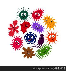 Funny germs and virus kids vector background. Illustration of characters group bacteria and microbe organism infection. Funny germs and virus kids vector background