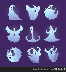 Funny ghost. Halloween scary characters little spooky ghosts vector illustrations. Ghost spooky, spirit character phantom, smile halloween. Funny ghost. Halloween scary characters little spooky ghosts vector illustrations