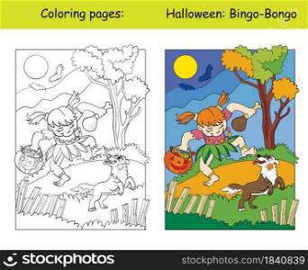 Funny girl in aborigine costume dancing with dog. Halloween concept. Coloring book page for children with colorful template. Vector cartoon illustration. For print, decor, preschool education and game. Coloring and colorful Halloween girl in aborigine costume