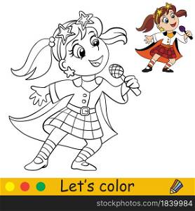 Funny girl in costume of retro disco singer. Coloring book page for children with colorful template. Vector cartoon illustration. For print, preschool education and game. Coloring with template Halloween retro disco singer girl