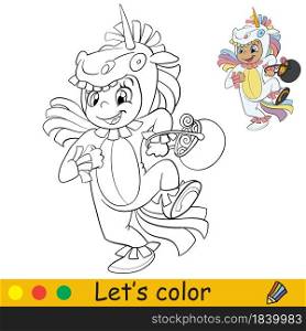 Funny girl in unicorn costume. Halloween concept. Coloring book page for children with colorful template. Vector cartoon illustration. For print, preschool education and game. Coloring with template Halloween girl in unicorn costume