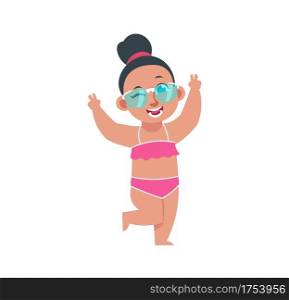 Funny girl on summer holidays. Cartoon teenager raising hands in greeting gesture. Smiling young cute woman relaxing on beach. Isolated happy female in swimsuit and sunglasses. Vector illustration. Funny girl on summer holidays. Cartoon teenager raising hands in greeting gesture. Smiling young woman relaxing on beach. Isolated female in swimsuit and sunglasses. Vector illustration