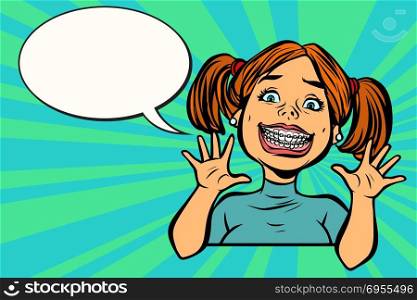 Funny girl with braces. dental medicine and health, dentistry. Comic cartoon pop art retro vector vintage illustration. Funny girl with braces