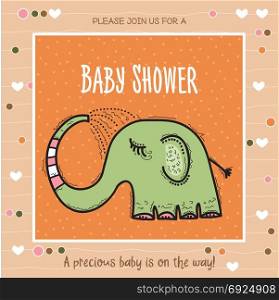 Funny girl with hearts. Doodle cartoon character.. baby shower card template with funny doodle elephant, vector format