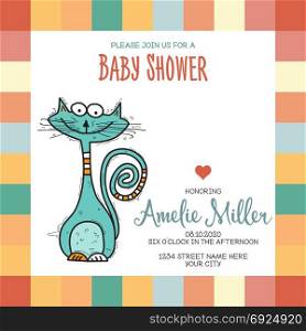 Funny girl with hearts. Doodle cartoon character.. baby shower card template with funny doodle cat, vector format