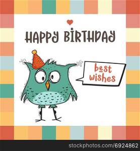 Funny girl with hearts. Doodle cartoon character.. happy birthday card with funny doodle bird, vector format
