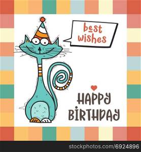 Funny girl with hearts. Doodle cartoon character.. happy birthday card with funny doodle cat, vector format