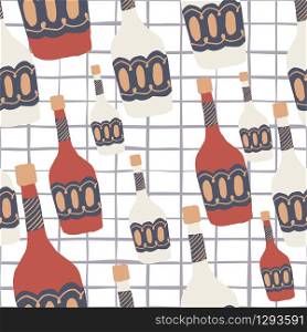 Funny glass bottle seamless pattern on stripes background. Alcohol rum bottles. Bar menu backdrop. Modern design for fabric, textile print, wrapping paper. Creative vector illustration. Funny glass bottle seamless pattern on stripes background. Alcohol rum bottles.