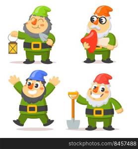 Funny gnome characters flat vector illustrations set. Cartoon dwarfs holding lantern, mushroom and shovel isolated on white background. Decoration, garden, fairytale concept