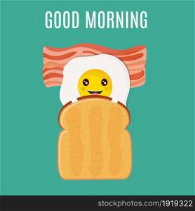 Funny good morning breakfast egg with toast and bacon. Vector illustration in flat style. good morning breakfast egg with toast and bacon