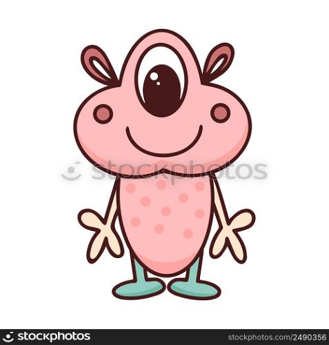 Funny good-natured monster doodle style. Kind cute cyclops baby character isolated object. Fictional weirdo vector illustration. Funny good-natured monster doodle style