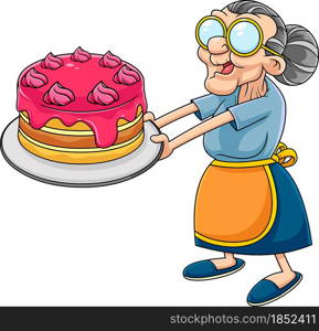 Funny Grandma Cartoon Character With Homemade Cake. Vector Hand Drawn Illustration Isolated On Transparent Background