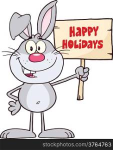Funny Gray Rabbit Cartoon Character Holding A Wooden Board With Text