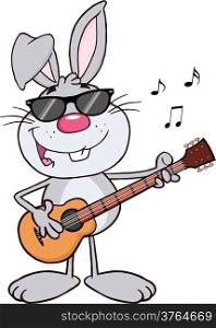Funny Gray Rabbit With Sunglasses Playing A Guitar And Singing