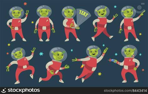 Funny green aliens flat icon set. Cute futuristic character of humanoid astronaut in spacesuit vector illustration collection. UFO and space concept
