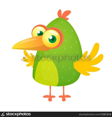 Funny green bird cartoon. Vector illustration of forest tropic bird. Bird flat icon design