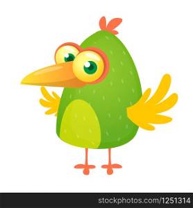 Funny green bird cartoon. Vector illustration of forest tropic bird. Bird flat icon design
