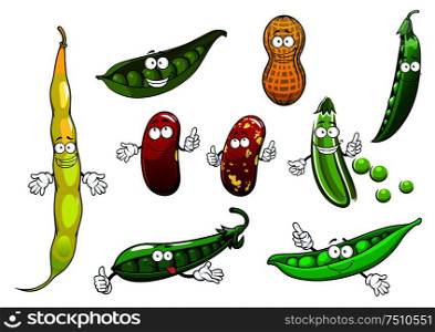 Funny green pods of sweet pea, common bean with mottled brown beans and peanut vegetables cartoon characters, for healthy vegetarian food design. Cartoon isolated peas, beans and peanut