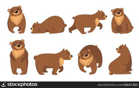 Funny grizzly bears flat icon set. Cartoon cute brown bear standing, sitting, walking isolated vector illustration collection. Wildlife and animals concept