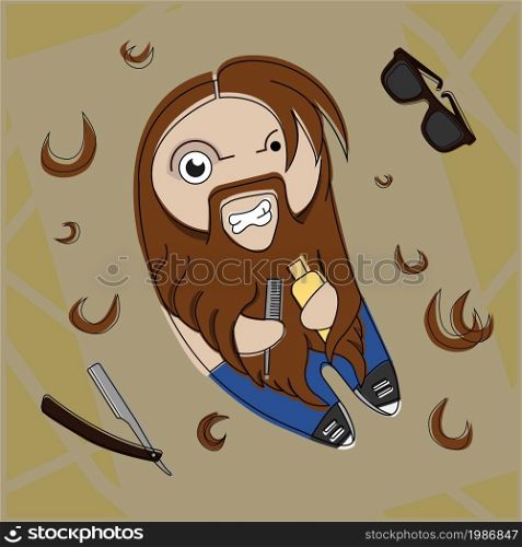 Funny hairy hipster bearded dude with comb and hair gel. Vector comic illustration. Funny hairy hipster