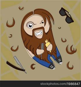 Funny hairy hipster bearded dude with comb and hair gel. Vector comic illustration. Funny hairy hipster