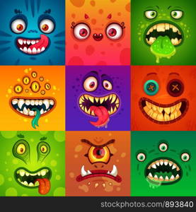 Funny halloween monsters. Cute and scary monster face with alien creatures, beast eyes and tooth toy mouth. Strange creature animal mascot ugly demon character vector illustration icons collage set. Funny halloween monsters. Cute and scary monster face with eyes and mouth. Strange creature mascot character vector illustration set