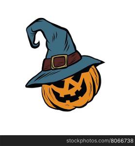 Funny Halloween pumpkin hat pilgrim, pop art retro vector illustration. The character sticker for the fall festival or carnival