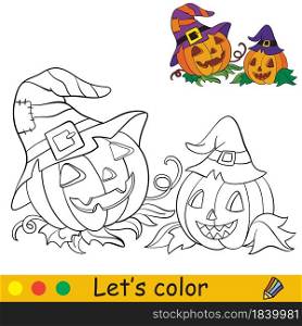 Funny Halloween pumpkins in hats of witch. Halloween concept. Coloring book page for children with colorful template. Vector cartoon illustration. For print, preschool education and game. Coloring with template Halloween pumpkins in hats