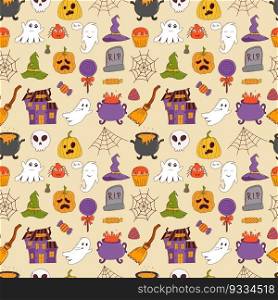 Funny halloween seamless pattern  pumpkin, ghost, witch hat, bat, sweets, spider, broom. Trick or treat concept. Vector illustration in hand drawn style.. Funny halloween seamless pattern  pumpkin, ghost, witch hat, bat, sweets, spider, broom. Trick or treat concept. Vector illustration in hand drawn style