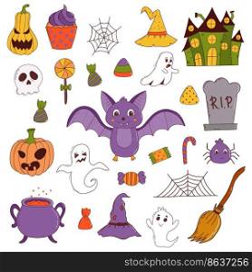 Funny halloween set: pumpkin, ghost, witch hat, bat, sweets, spider, broom. Trick or treat concept. Vector illustration in hand drawn style.. Funny halloween set: pumpkin, ghost, witch hat, bat, sweets, spider, broom. Trick or treat concept. Vector illustration in hand drawn style