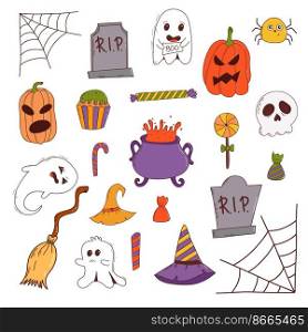 Funny halloween set: pumpkin, ghost, witch hat, bat, sweets, spider, broom. Trick or treat concept. Vector illustration in hand drawn style.. Funny halloween set: pumpkin, ghost, witch hat, bat, sweets, spider, broom. Trick or treat concept. Vector illustration in hand drawn style