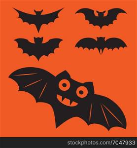 Funny halloween vector mystery vampire silhouettes. Dark spooky bats monsters isolated from orange background.