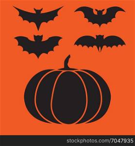 Funny halloween vector mystery vampire silhouettes. Dark spooky bats monsters isolated from orange background.. Funny halloween vector mystery vampire silhouettes. Dark spooky bats monsters isolated from orange background. Black cartoon little spider. Simple image with hat and pumpkin for halloween party.