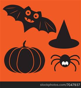 Funny halloween vector mystery vampire silhouettes. Dark spooky bats monsters isolated from orange background.. Funny halloween vector mystery vampire silhouettes. Dark spooky bats monsters isolated from orange background. Black cartoon little spider. Simple image with hat and pumpkin for halloween party.