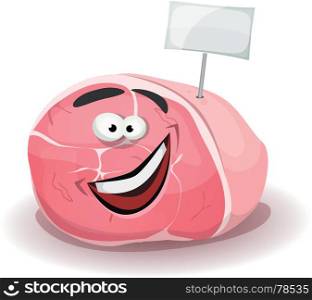 Funny Ham Character With White Label Stick. Illustration of a cartoon funny ham character, happy And smiling, with white blank label sign, for delicatessen mascot