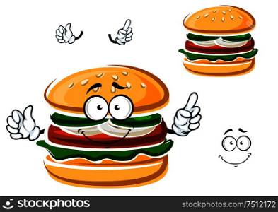 Funny hamburger cartoon character with beef patty, onion, cucumber and lettuce leaf on bun with sesame seeds. For fast food menu theme. Cartoon funny hamburger with vegetables
