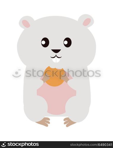 Funny Hamster Illustration. Funny hamster isolated on white background. Gray hamster with pink ears and belly siting and eat his food. Animal adorable hamster vector character. Charming humorous hamster. Wildlife character