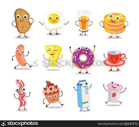 Funny happy characters of morning food set. Vector illustrations of cute menu for restaurant, cafe or home. Cartoon fried eggs and bacon, donut, bread, sausage isolated on white. Breakfast concept. Funny happy characters of morning food set