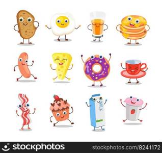 Funny happy characters of morning food set. Vector illustrations of cute menu for restaurant, cafe or home. Cartoon fried eggs and bacon, donut, bread, sausage isolated on white. Breakfast concept. Funny happy characters of morning food set