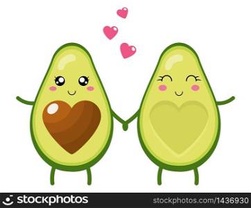 Funny happy cute happy smiling couple of avocado in love. Cute cartoon avocado couple holding hands. Valentine&rsquo;s day greeting card. Vector illustration for any design.
