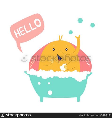 Funny happy elephant having a shower with bubbles. Vector illustration for baby shower cards, invitations, kids prints. Funny happy elephant having a shower with bubbles. Vector illustration