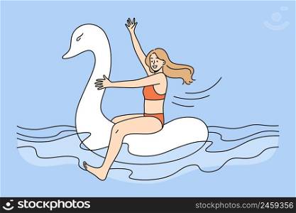 Funny happy girl in swimsuit floating on rubber swan in sea on summer vacation. Smiling young woman in bikini have fun swimming on inflatable ring on holidays. Vector illustration. . Happy girl in swimsuit float on rubber swan 