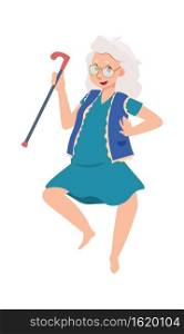 Funny happy senior female. Cartoon old dancing woman. Cheerful grandmother active moving. Gray-haired pensioner with walking cane. Adult character leisure pastime. Vector granny lifestyle illustration. Funny happy senior female. Cartoon old dancing woman. Grandmother active moving. Gray-haired pensioner with cane. Adult character leisure pastime. Vector granny lifestyle illustration