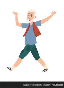 Funny happy senior man. Cartoon old dancing pensioner. Cheerful grandparent active moving. Gray haired male character walks. Adult person leisure pastime vector grandpa lifestyle isolated illustration. Funny happy senior man. Cartoon dancing pensioner. Cheerful grandparent active moving. Gray haired male character walks. Adult person leisure pastime vector grandpa isolated illustration