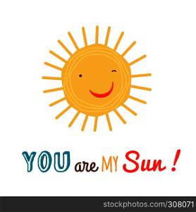 Funny happy sun character backgroound. Card or sticker picture with sign. Vector illustration. . Funny happy sun character vector backgroound
