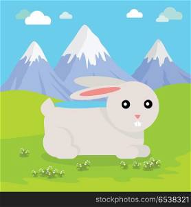 Funny Hare Illustration. Funny hare sitting on green grass on background of mountain landscape. Gray hare with pink ears. Animal adorable mammal rabbit vector character. Natural background. Wildlife character