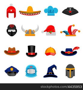 Funny Headwear Flat Icons Set. Funny party costume historical and professional headwear flat icons set with cosmonaut spacesuit abstract isolated vector illustration