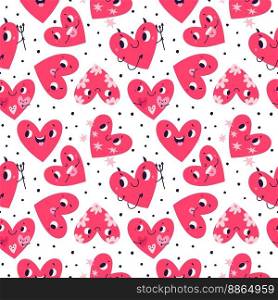 Funny hearts seamless pattern. Cartoon emoji characters. Love and romance pink symbols. Cute valentines with smiling faces. Emotion expressions. Amour emoticons wallpaper. Garish vector background. Funny hearts seamless pattern. Cartoon emoji characters. Love and romance symbols. Cute valentines with smiling faces. Emotion expressions. Amour emoticons. Garish vector background